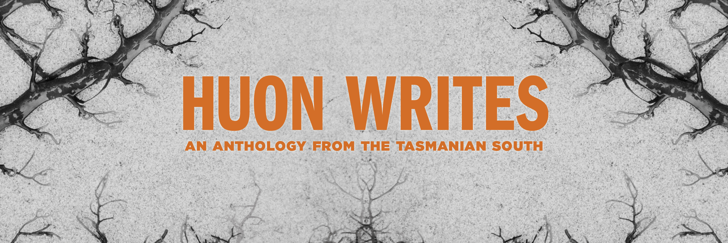 'Huon Writes – an anthology from the Tasmanian south' is displayed in orange letters over a grey background featuring Tasmanian river plants.